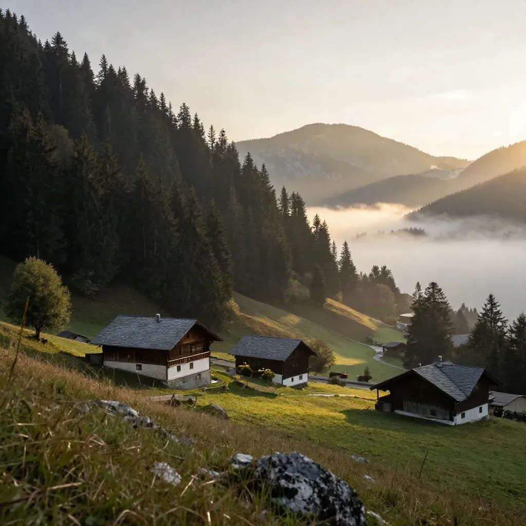 Nebliges Schwarzwaldtal mit Tannenhängen, kleinem Weiler und goldenem Morgenlicht
