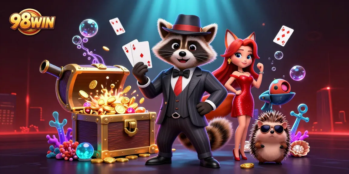 Experience the thrill of winning at 98WIN with a vibrant underwater casino scene featuring charming characters and exciting game elements.