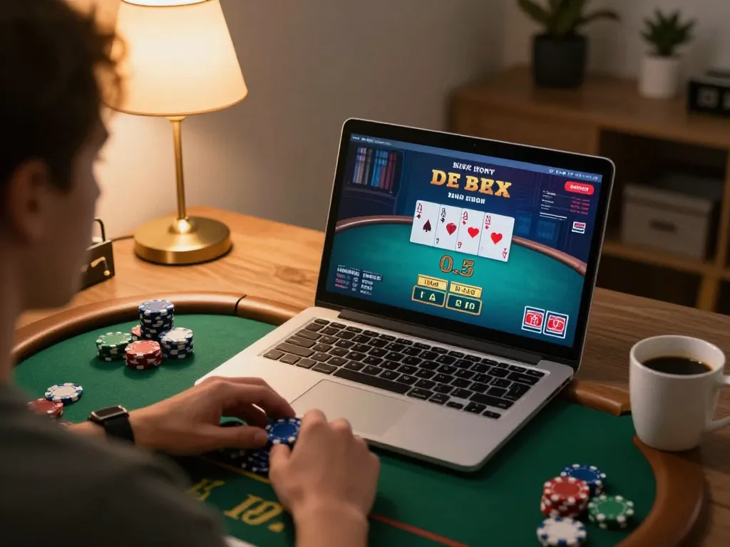 Experience link vào lc88 in action with engaging online poker game setup in a cozy home environment.