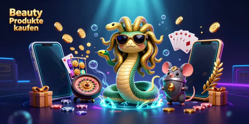 Interaktive Szene zum Kaufen von Beauty-Produkten mit Medusa und Casino-Elementen im Hintergrund, Casino-Atmosphäre.