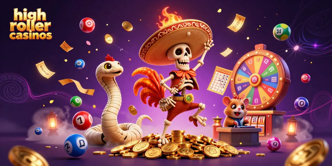 Engage with high roller casinos illustrated by a festive skeleton rooster celebrating on gold coins.