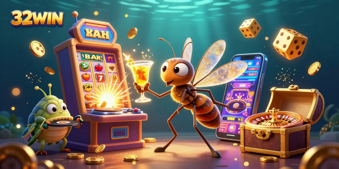 Experience the vibrant energy of 32WIN with a lively casino illustration featuring unique characters and exciting gaming elements.