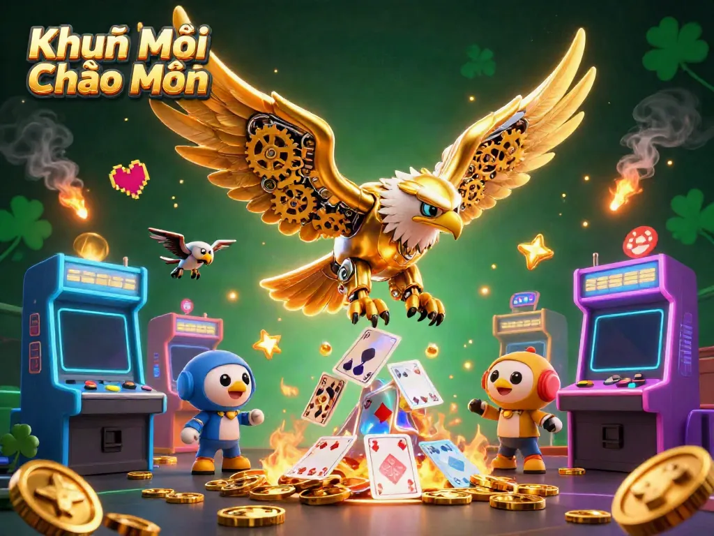 Win big with Khuyến Mãi Chào Mừng as a cybernetic eagle dives through holographic cards and vibrant casino elements.