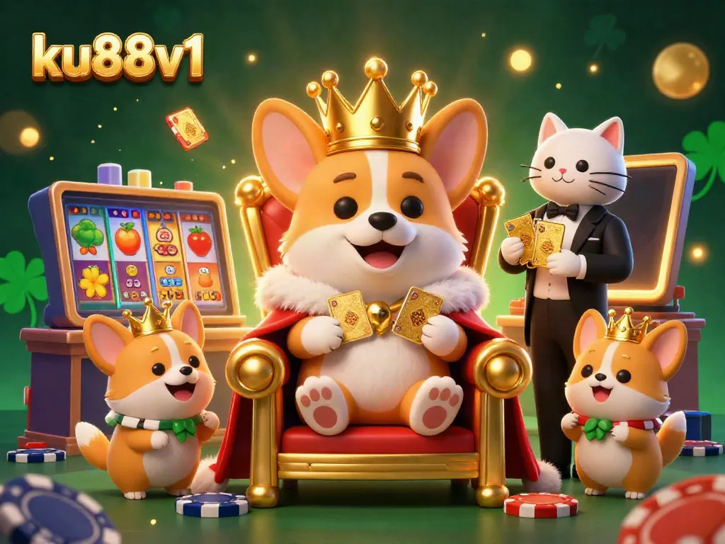 ku88v1 features a royal corgi sitting on a poker chip throne surrounded by vibrant casino elements, showcasing online gaming excitement.
