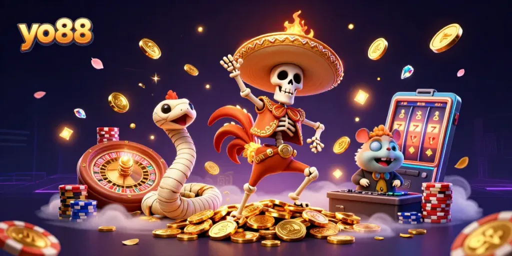 Experience winning at yo88 with a lively 3D casino illustration featuring colorful characters and dynamic gaming elements