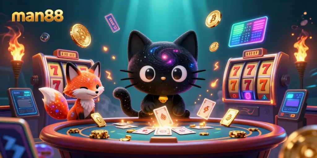 Engage in winning strategies with man88 at a vibrant casino table, featuring dynamic slot game elements.