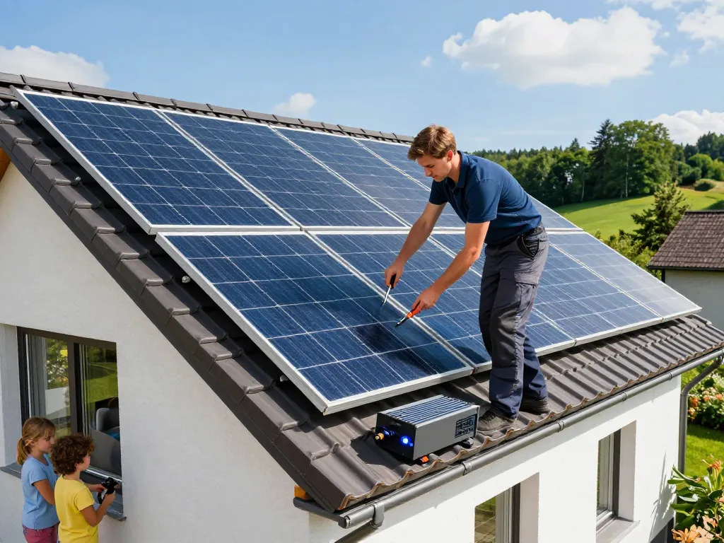 Photovoltaik Bayern Installationsszene mit einem Techniker, der an Solarpanels im Familienhaus arbeitet.
