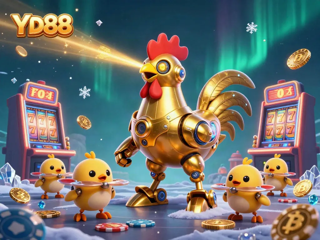 Explore the vibrant YD88 scene with a golden rooster robot amidst slot machines, depicting exciting casino games.