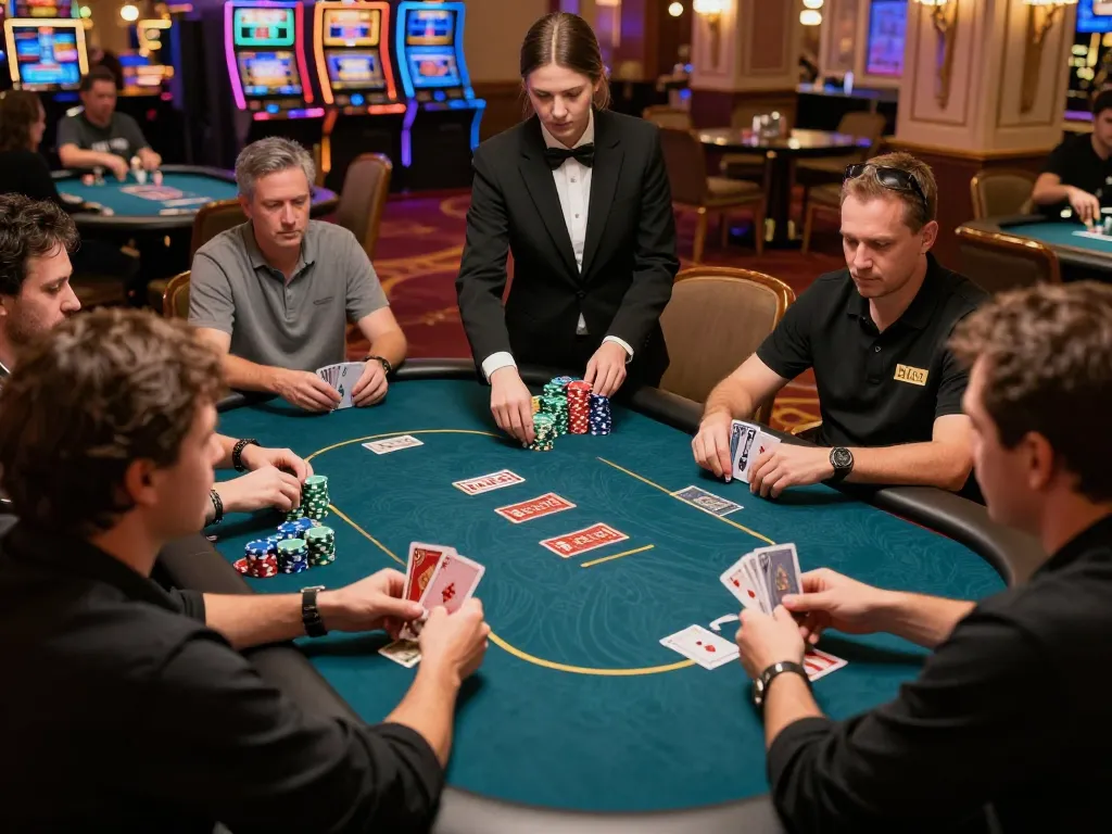 Poker gameplay at a high-stakes table in f168 casino, showcasing engaged players and vibrant chips.