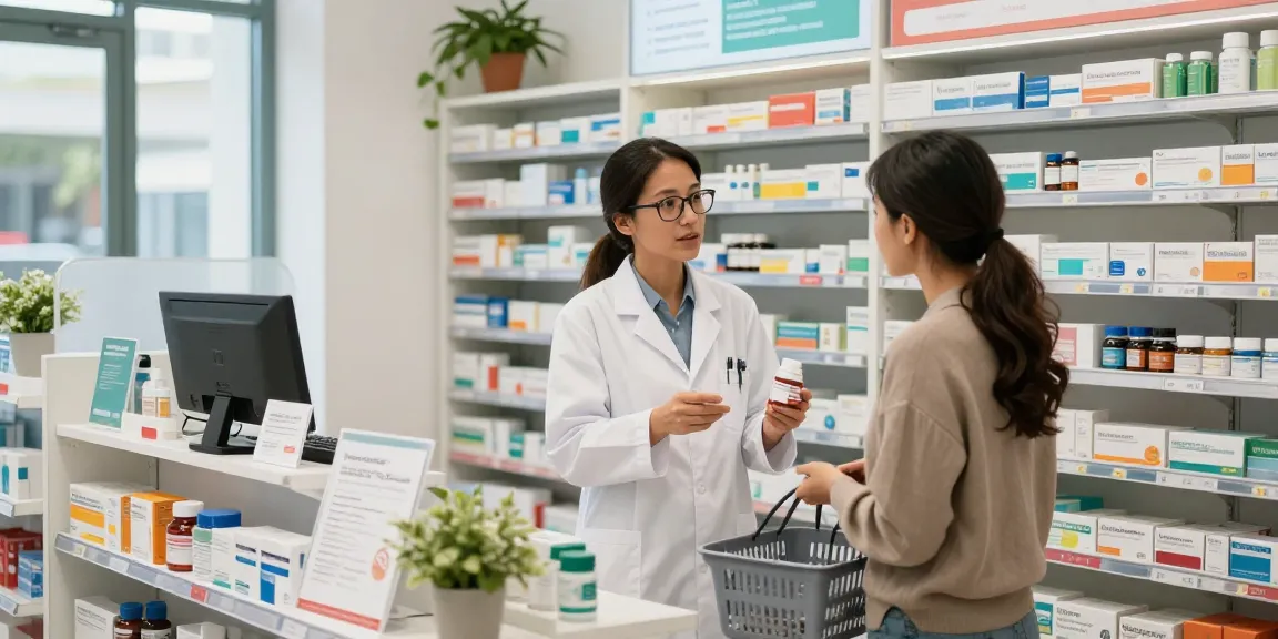 Im Selliza Pharma Shop berät ein Apotheker einen Kunden zur Gesundheit mit pharmazeutischen Produkten.