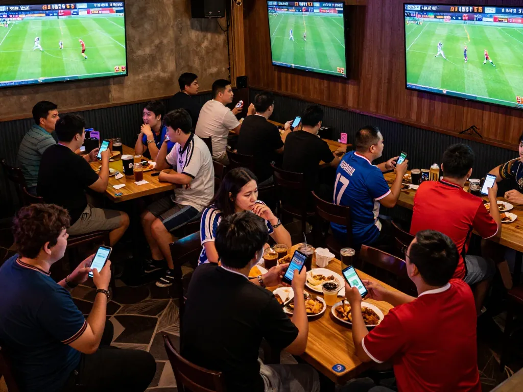 Engaged sports fans checking their phones for keo nha cai 5 updates during live matches in a lively bar.