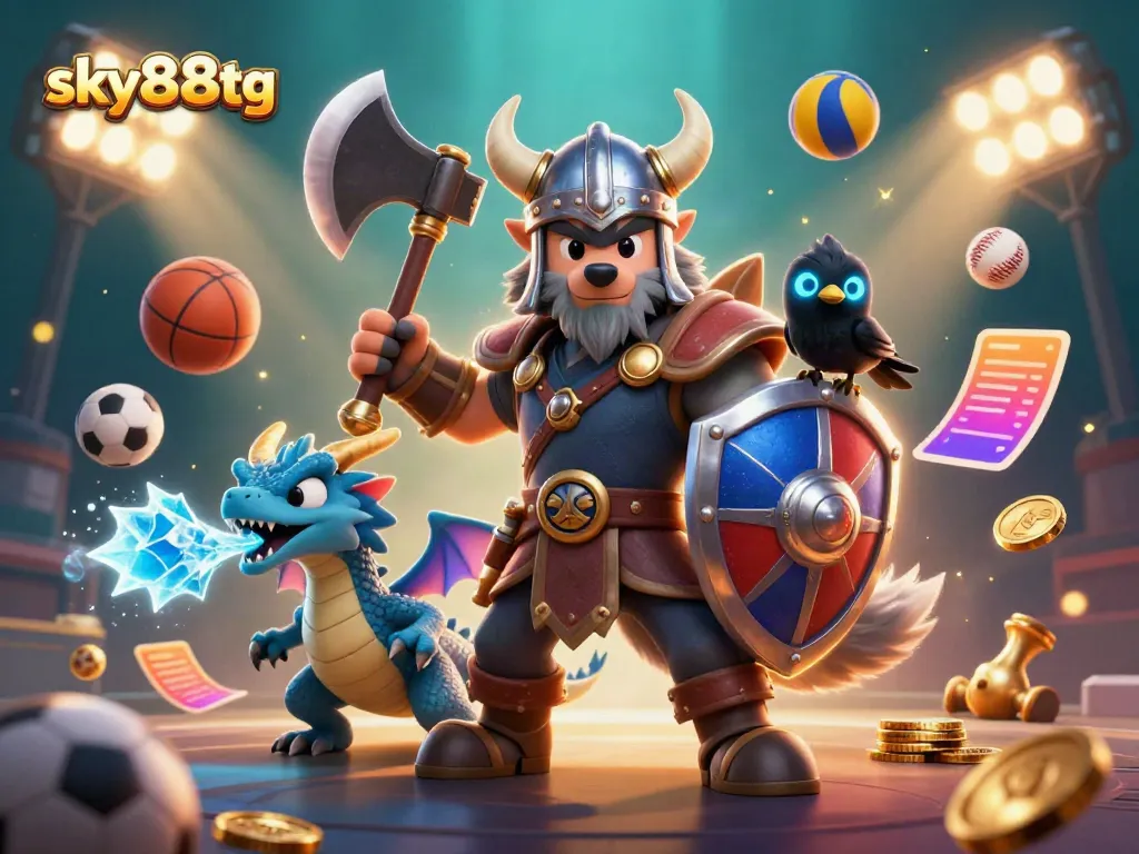 Engage in thrilling gameplay with sky88tg! A dynamic 3D casino scene featuring heroic characters and vibrant sports elements.