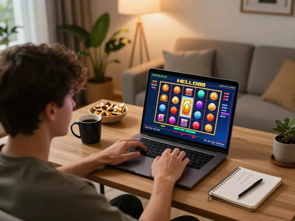 Player enjoying online slots on HELLO88 with vibrant graphics in a cozy home setting.