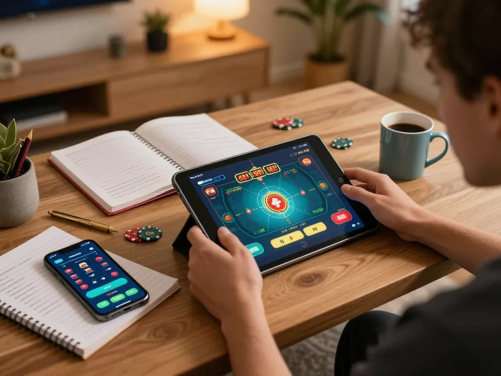 Engaged player using tablet for online gaming at https://tr88.bio/ with strategic notes and cozy atmosphere.