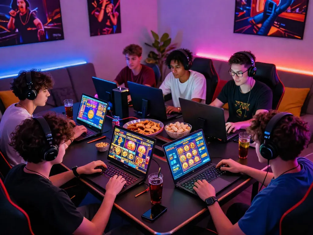 Group of friends engaged in playing rokok88 slot games at a lively gaming table, featuring vibrant game interfaces and snacks.