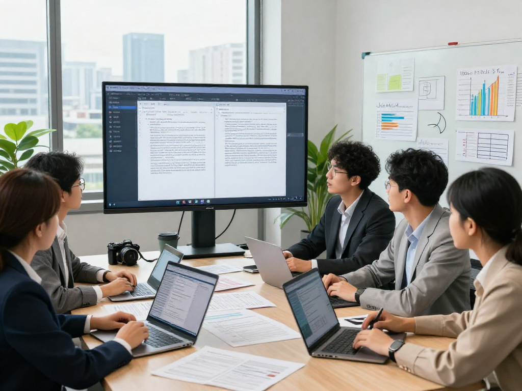 Document fraud detection team analyzing real-time findings on a touchscreen in a modern office setting, enhancing document verification processes.