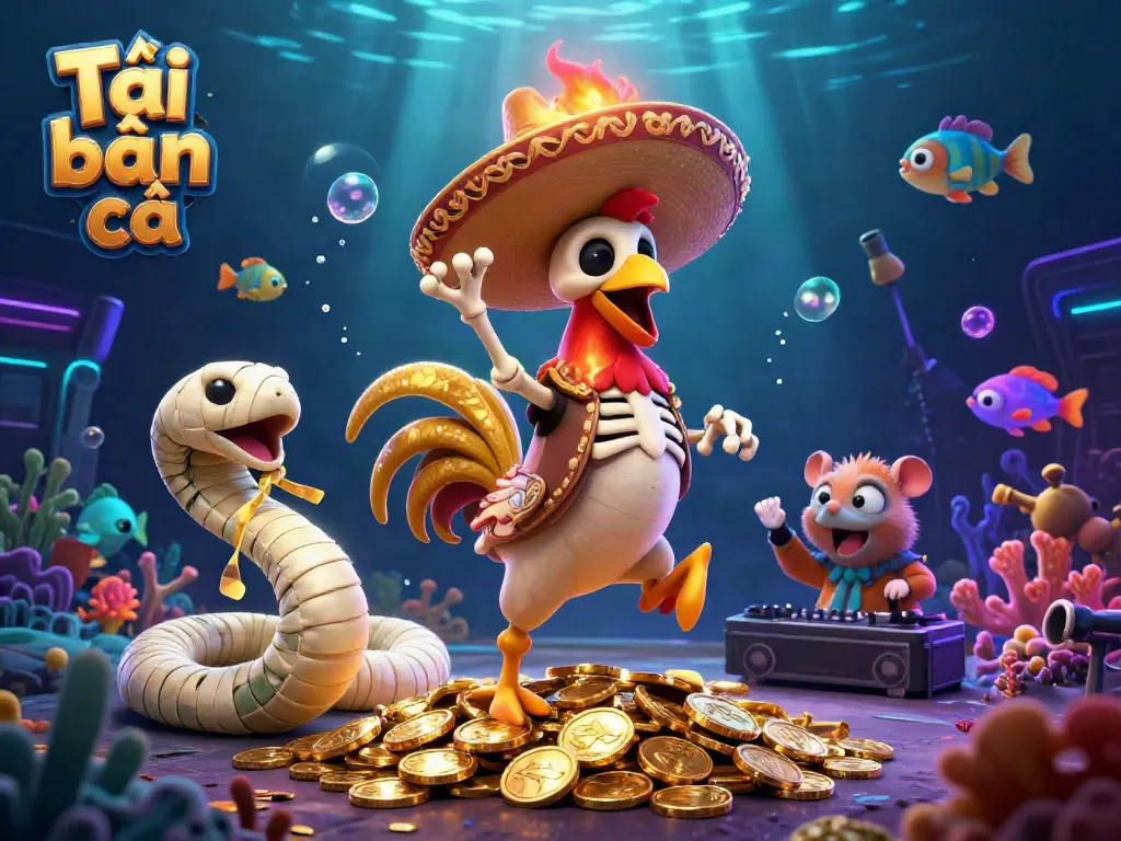 Engage in the exciting underwater world of Tải bắn cá as the cartoon skeleton rooster dances on gold coins surrounded by dynamic sea creatures.