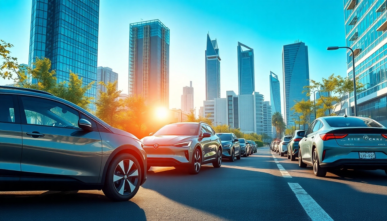 Elektroautos in einer modernen Stadt, die umweltfreundliche Mobilität repräsentieren.