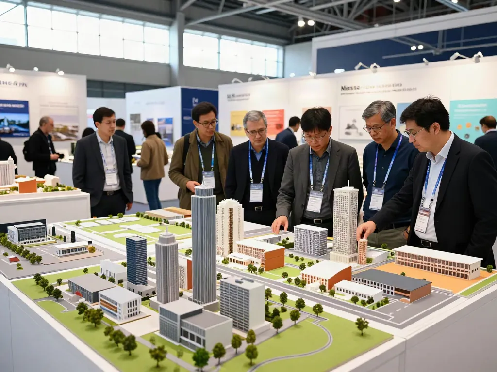 Messe- und Ausstellungsmodelle in einem belebten Ausstellungsszenario, präsentiert von einem Team von Architekten und Designern.