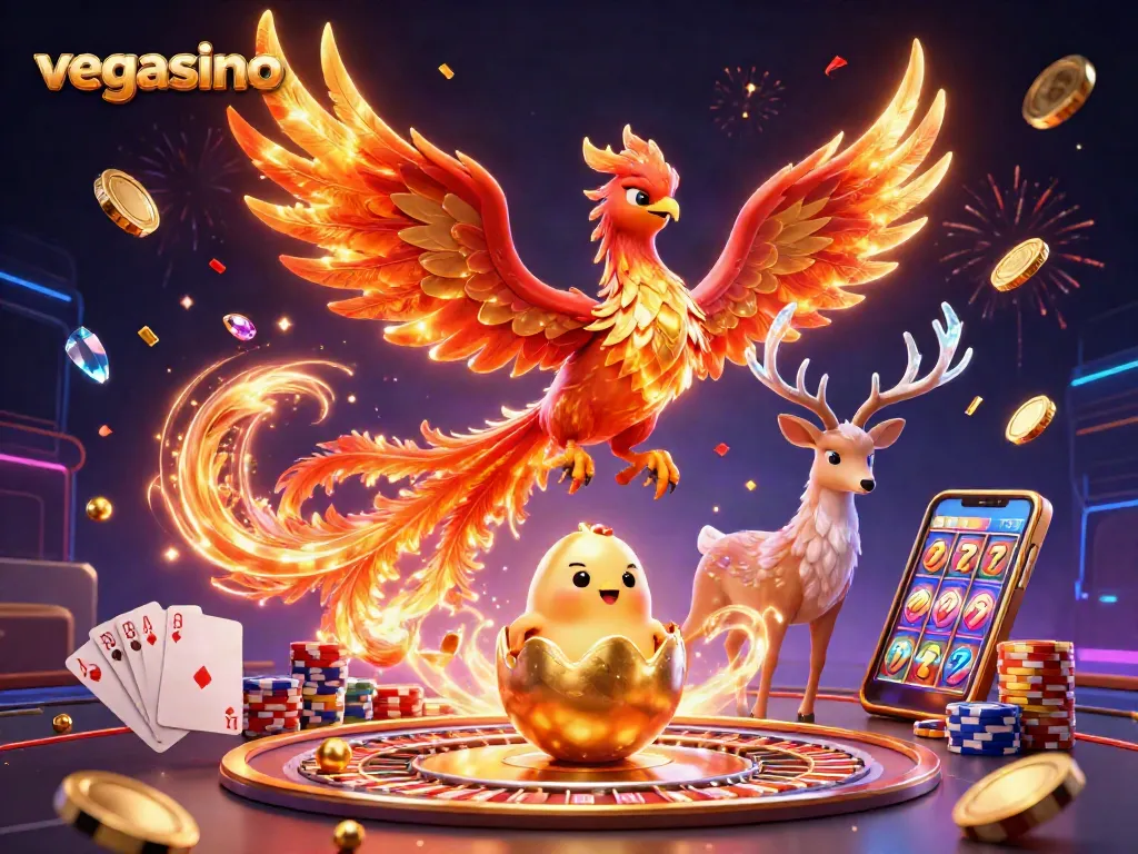 Experience thrilling wins at vegasino with a vibrant phoenix, golden coins, and a mystical stag in action.