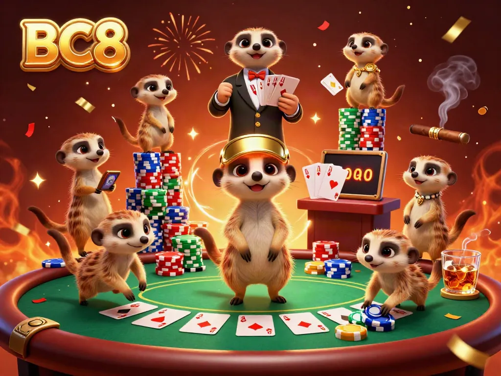 Experience thrilling gaming at BC8 with lively meerkats managing an exciting casino scene.