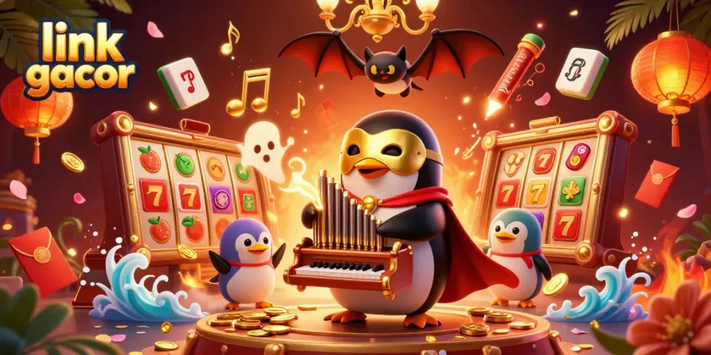 Engage with the vibrant action of link gacor featuring a penguin playing an organ amidst abundant casino elements.