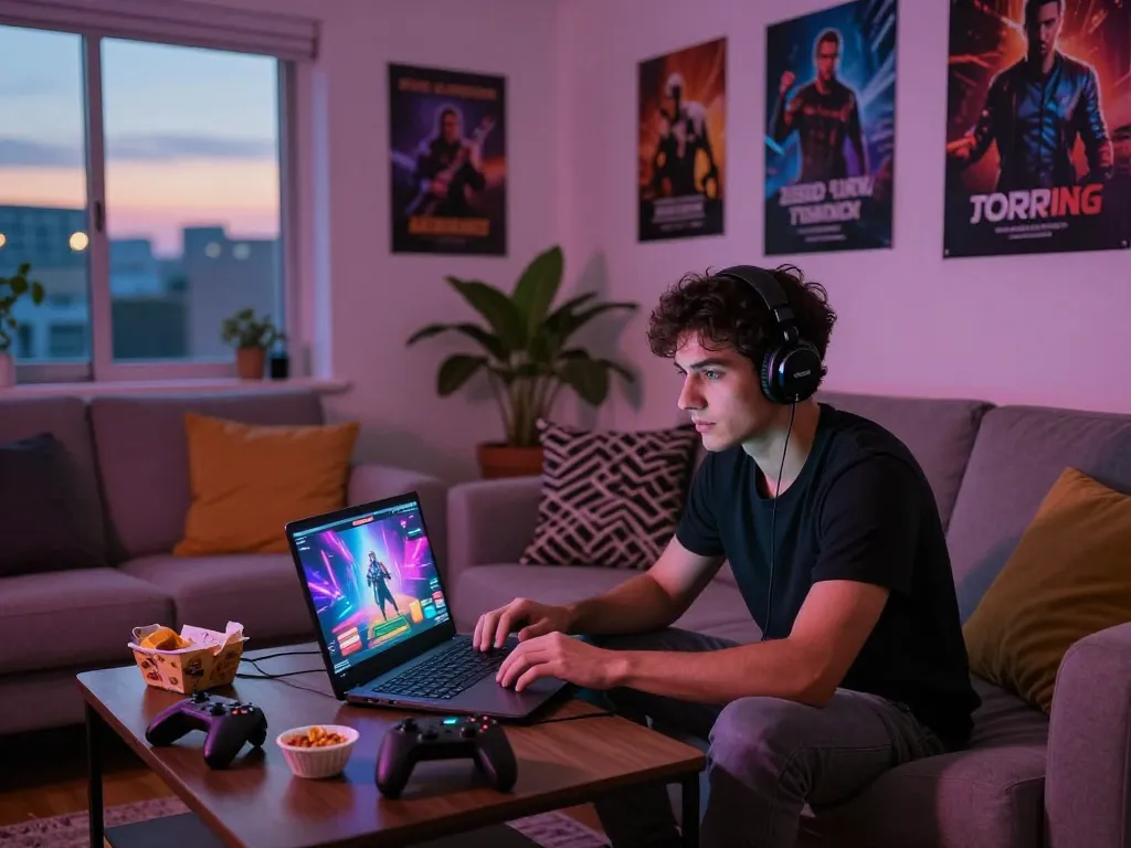 Enjoying an online porn game on a cozy couch with colorful graphics.