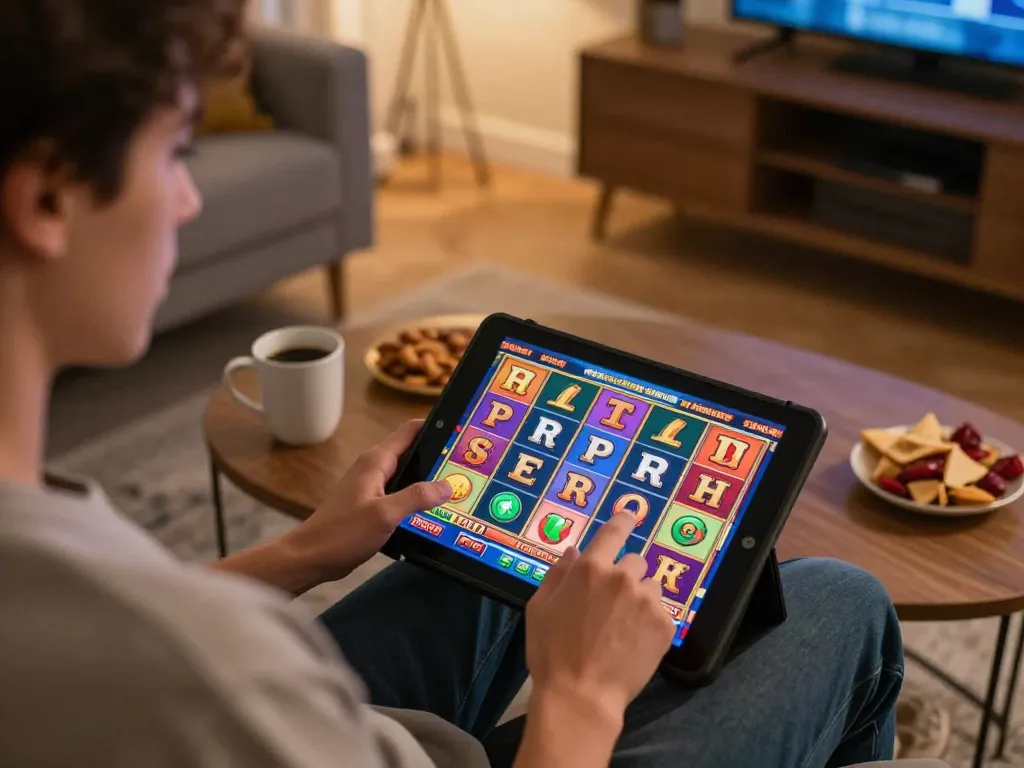 F168 player enjoying slots on a tablet surrounded by warm ambiance and home comforts.