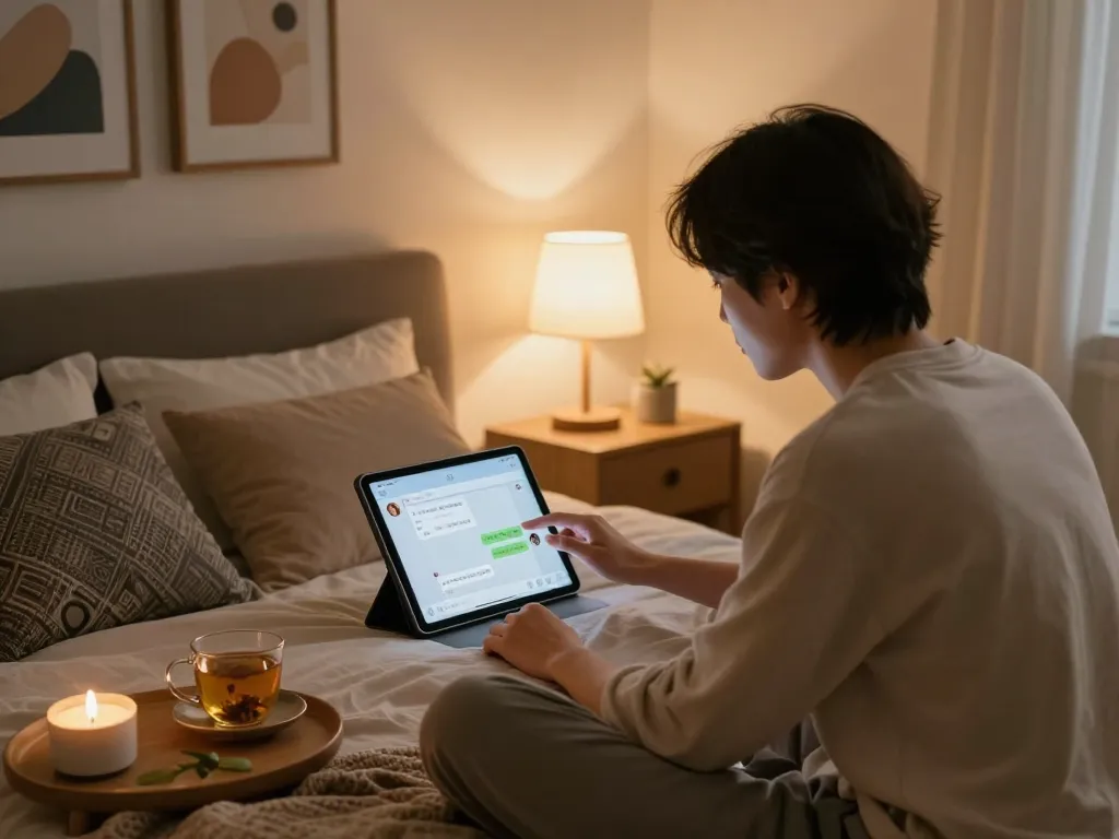 Cozy NSFW character AI chat scene with user interacting on a tablet in a warm bedroom atmosphere.