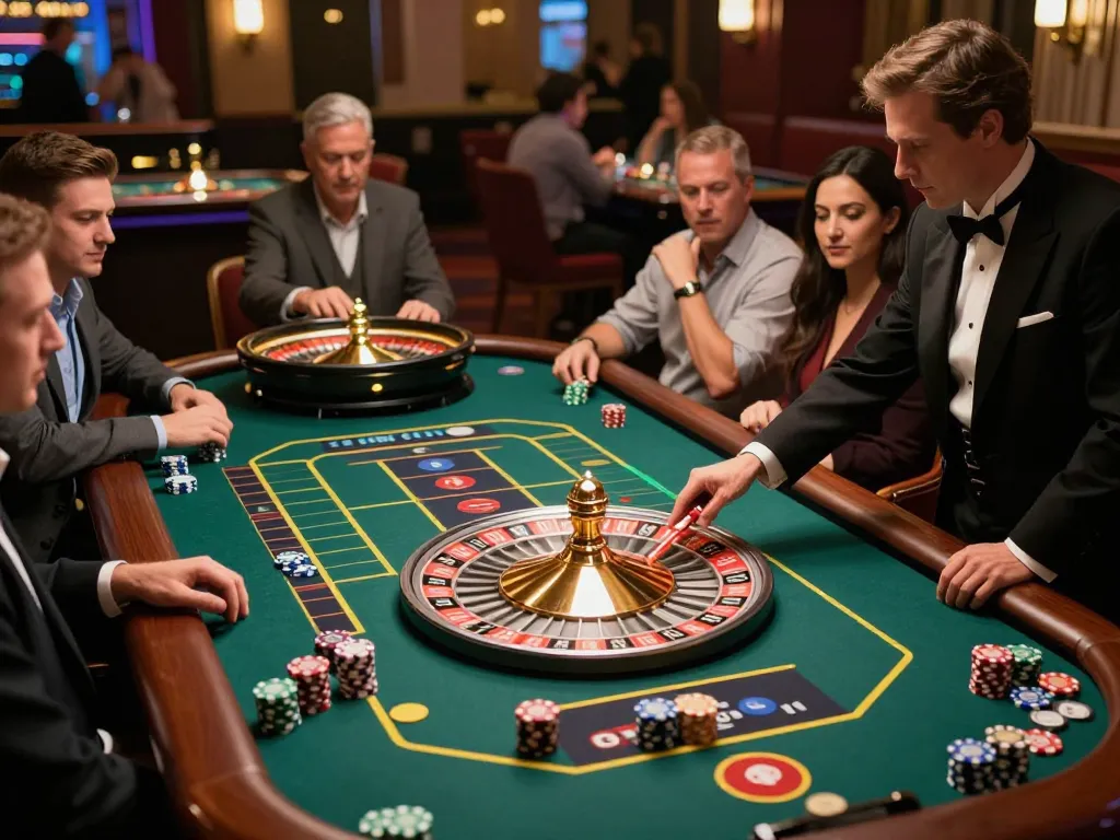 Sehen Sie zu, wie Immobilienmakler Frankfurt Eschersheim gewinnende Wetten am Roulettetisch in einem lebhaften Casino strategisch plant.