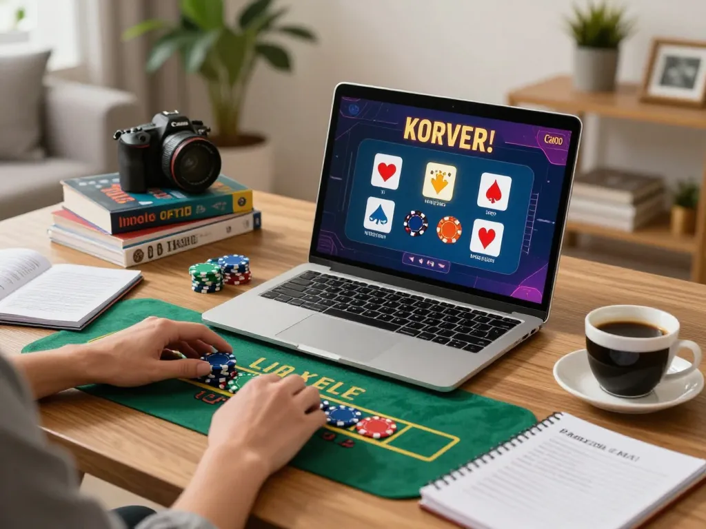 Play blackjack online at 98win using a laptop in a cozy home setting with strategic notes and vibrant decor