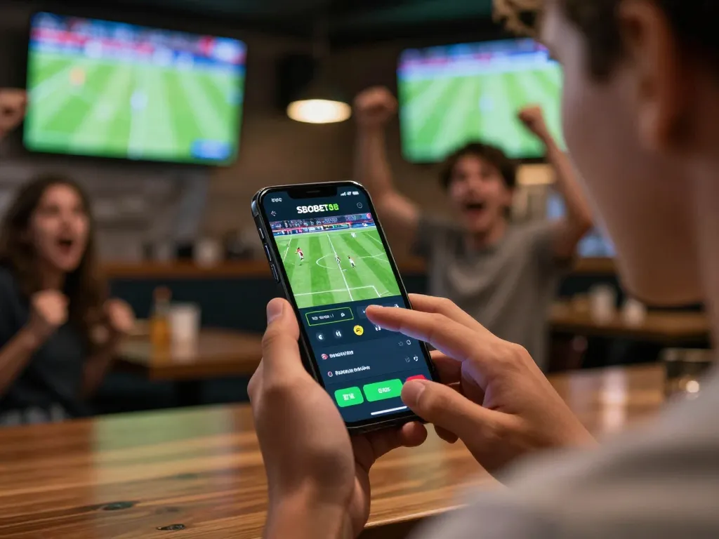 Pengguna terlibat yang melakukan taruhan olahraga langsung di aplikasi mobile SBOBET88 di tengah suasana bar olahraga yang hidup.