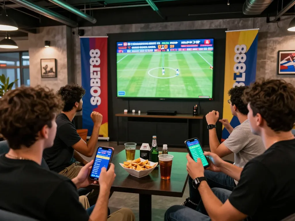 Exciting SBOBET88 online betting scene with friends enjoying live football match and mobile devices.