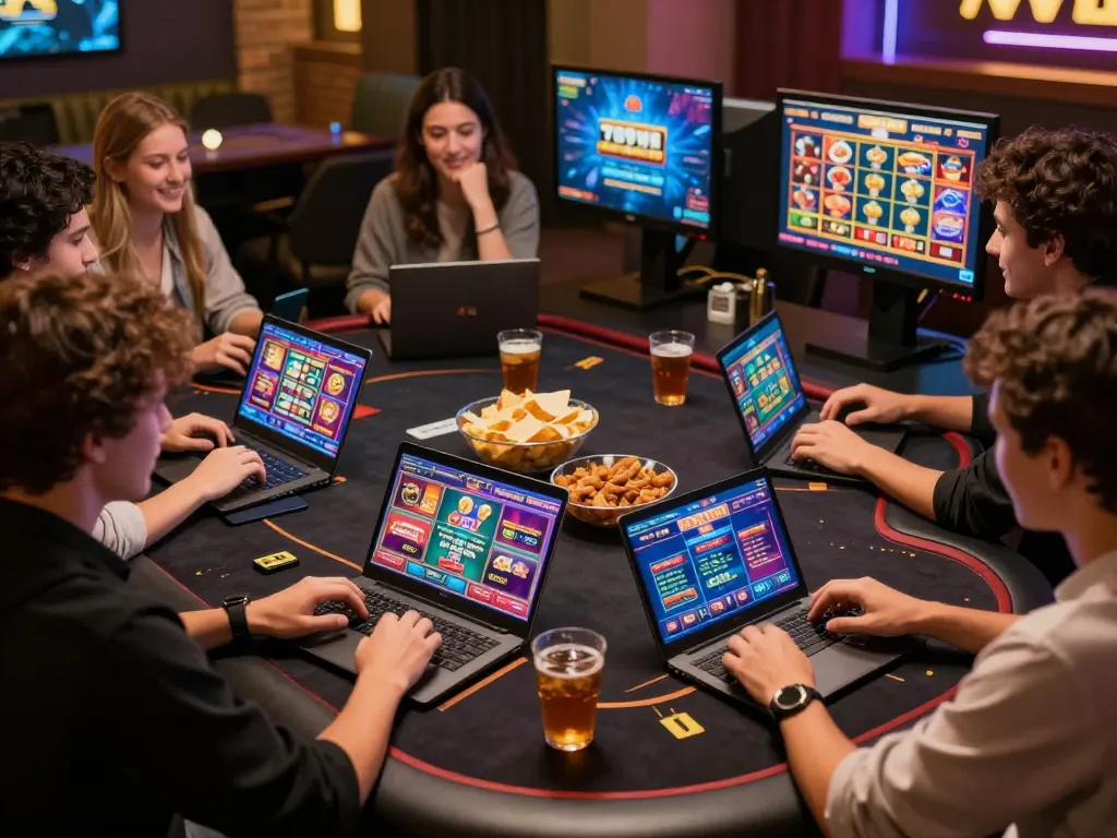 Friends enjoying their gaming experience on link 789win with laptops and mobile devices