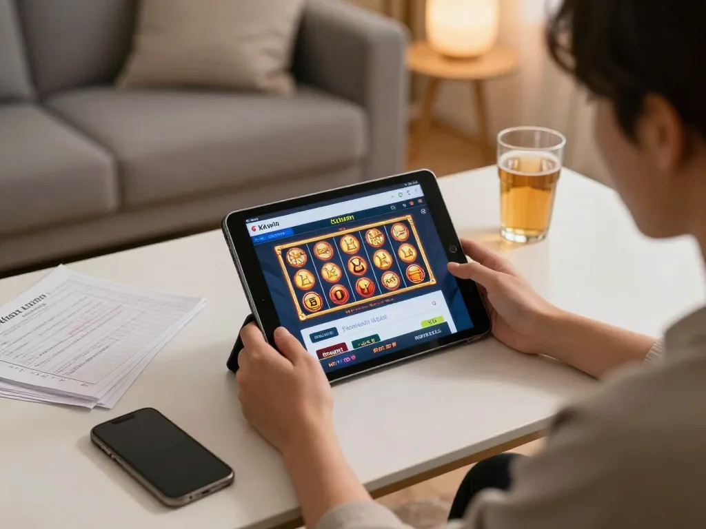 Kkwin user engaging with casino app on tablet amidst cozy home decor