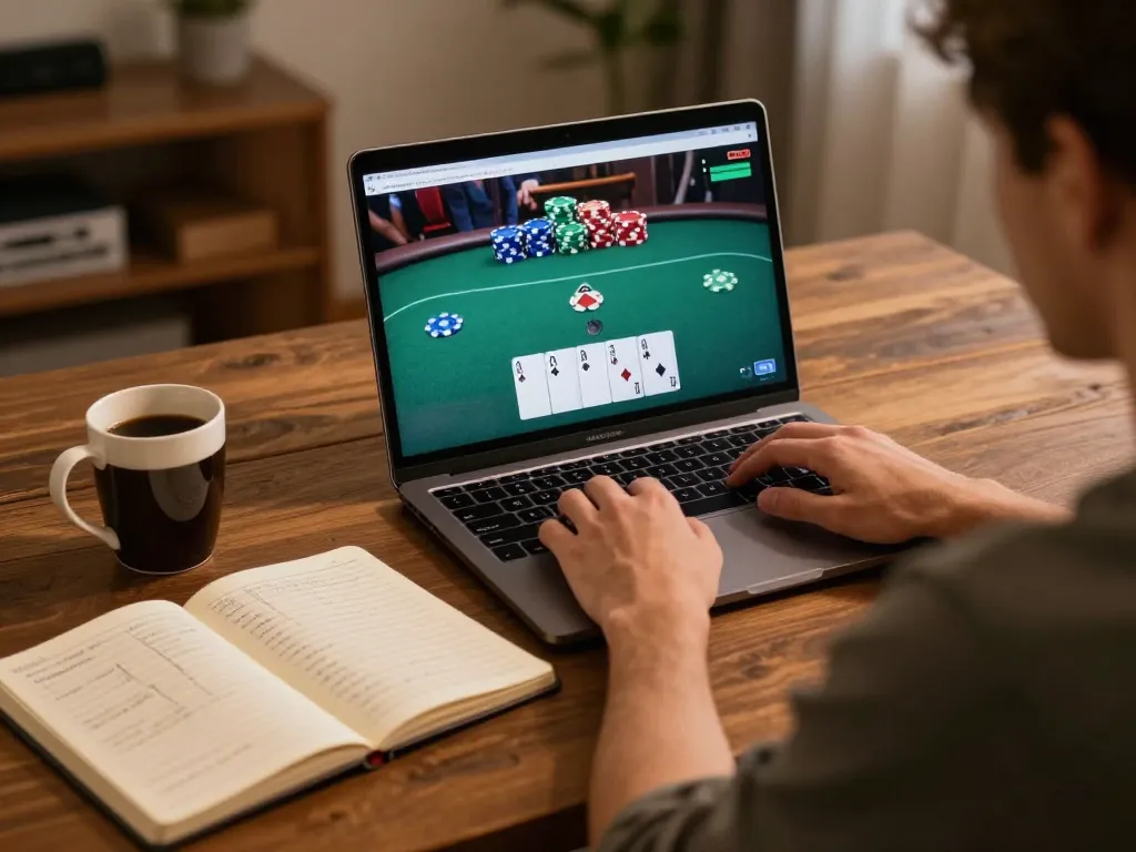 Player engaging in online gaming at nhà cái dn88, showcasing poker strategy and comfortable atmosphere.