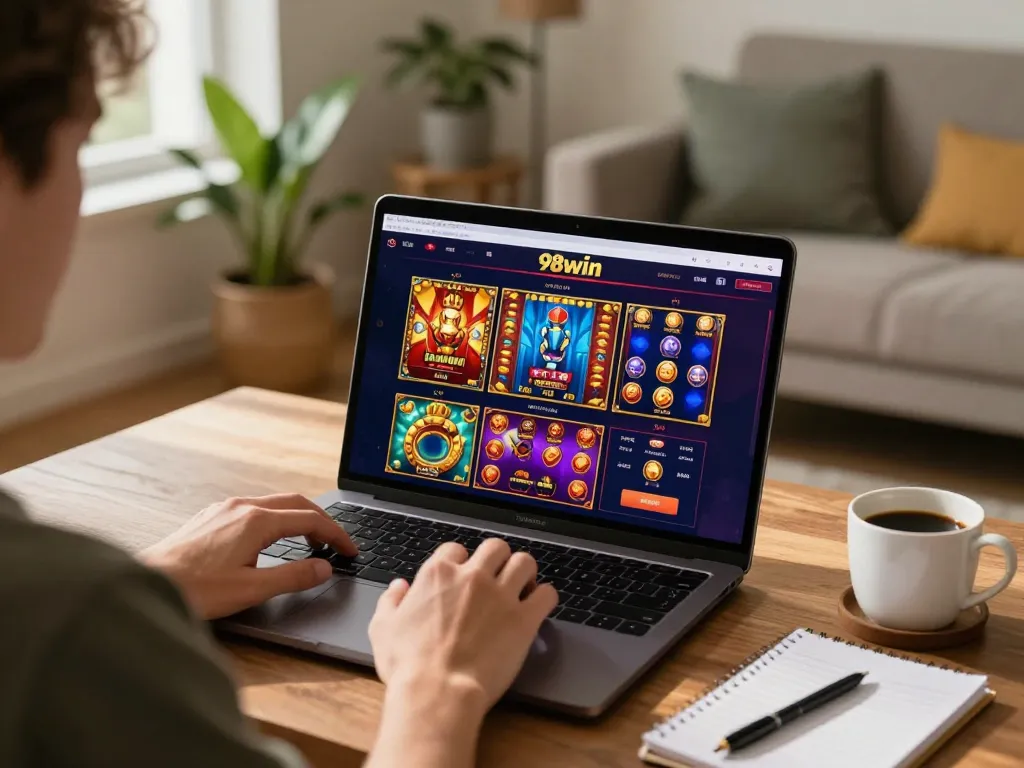 Player enjoying 98win online casino game on a laptop in a cozy home setting