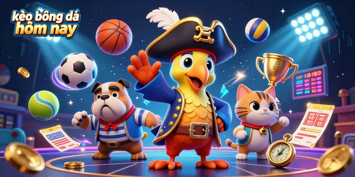 Engage in kèo bóng đá hôm nay with an energetic scene featuring a pirate captain and dynamic sports elements.