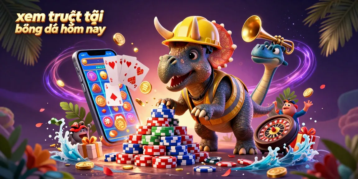 Xem trực tiếp bóng đá hôm nay with cheerful dinos celebrating while building a poker chips pyramid, filled with action and adventure.