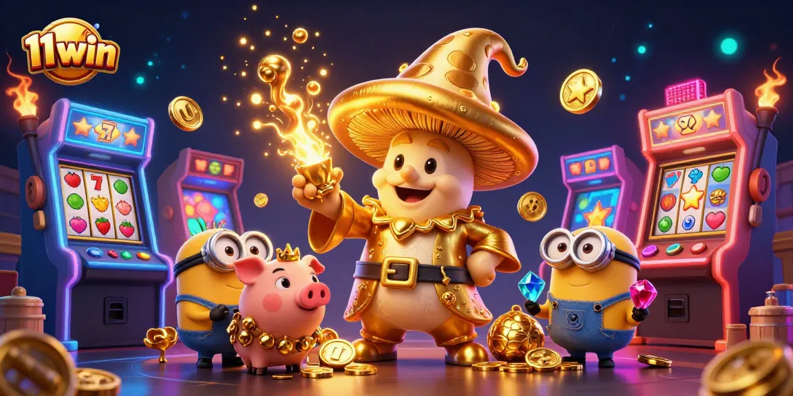 Engage with the enchanting 11 win casino scene featuring a golden wizard and gaming elements.